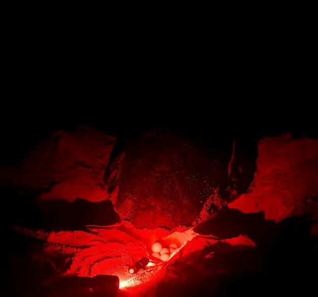 Loggerhead turtle laying eggs in a sand nest under a red light